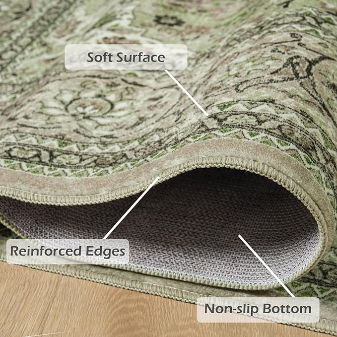 Goideal Washable Rug 4x6, Sage Green Area Rugs Non Slip, Indoor Low Pile Carpet with Rubber Backing for Living Room Kitchen Bathroom Entryway Office Bedroom