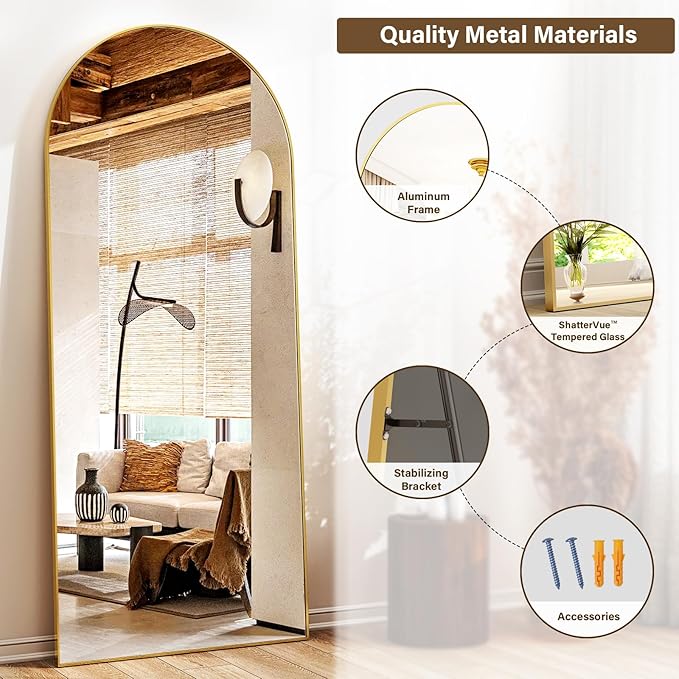 XRAMFY 24x68 Arched Full Length Mirror Floor Mirrors with Aluminum Alloy Frame Free-Standing Wall Mounted Floor Mirrors or Large Dressing Mirror, Gold Mirror Full Length