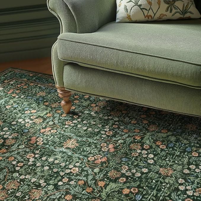 Rugxara 6x9 Area Rugs for Living Room Bedroom, Large Washable Rug, Green Vintage Floral Boho Rug, Non Slip & Low Pile Faux Wool Thin Carpet for Indoor Dining Room and Kids Room(Green 6x9ft)