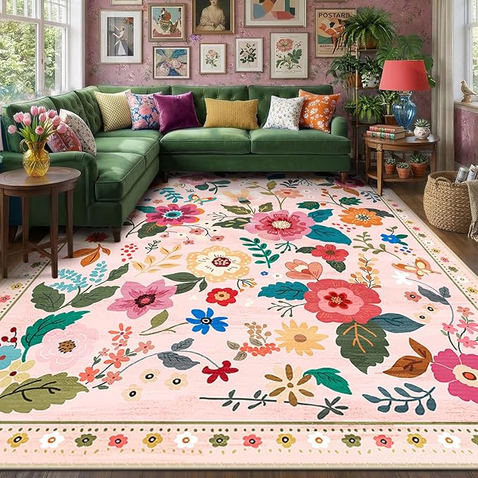 RELEANY Floral Nursery 9x12 Area Rugs Washable Print Boho Cute Carpet Non Slip Flower Low Pile for Living Room Kids Girls Playroom Bedroom Kitchen Office Farmhouse-Pink