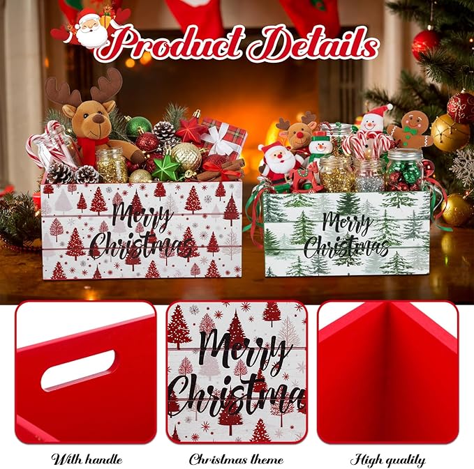 FoldTier 2 Pcs 14inch & 12inch Christmas Wood Storage Boxes with Handles Red and Green Decorative Nesting Crates Rustic Farmhouse Storage Container Xmas Decorations Organizer Bins for Home(Novel)