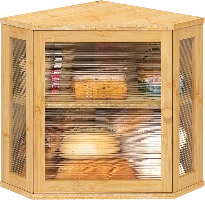 viewcare Corner Bread Box for Kitchen Counter, Bamboo Wood Large Capacity Bread Storage Bin with Acrylic Wavy Door Panel (Natural, Meduim)