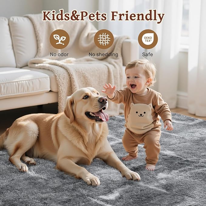 Area Rugs for Living Room 8x10 Feet, Soft Fluffy Shagg Plush Bedroom Rug Non-Slip,Large Carpet for Nursery Kids Dorm Home Decor Starlight Grey