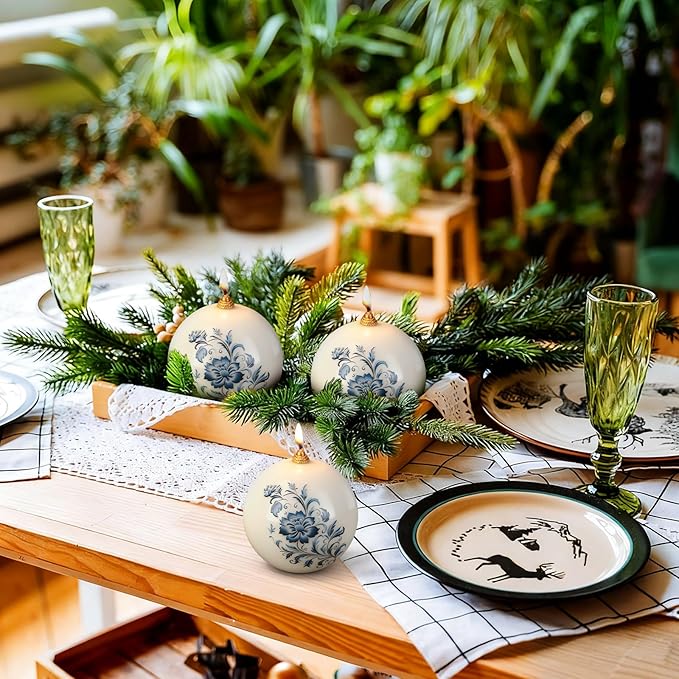 Conelist 3 Pcs 3" Chinoiserie Porcelain Decor Round Ball Candles Blue and White Floral Round Pillar Candles Set Unscented for Spring Tables Centerpiece Bridal Wedding Shower Home Decoration Party Gift
