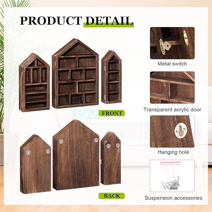DoubleFill Set of 3 Wooden Trinket Display Shelf Shadow Box with Shelves 10 x 15 Inch Large Wall Mounted Display Storage Mini Figures Curio Trinket Medals Crafts Collections(Brown,House Shape)