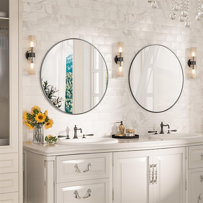 Antok 36 Inch Round Mirror for Wall, Round Bathroom Mirror, Circle Wall Mirrors with Black Metal Frame, Circle Mirrors Suitable for Wall, Bathroom, Vanity, Living Room, Entryway