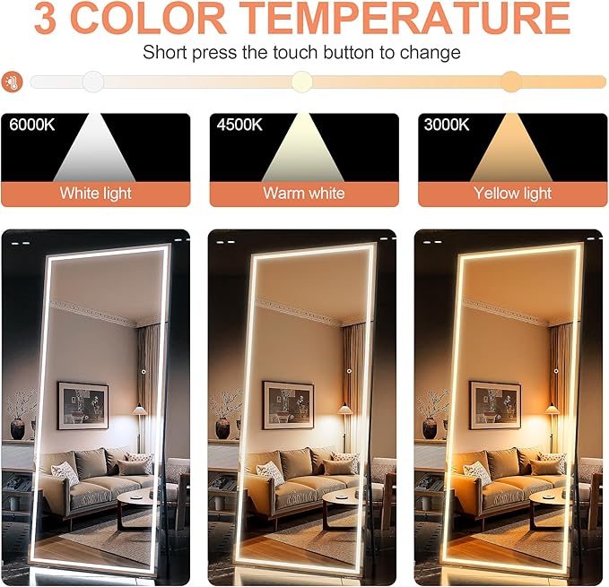 71" x 32" Full Length Mirror with Lights, LED Lighted Floor Standing Body Mirror, Dimmable & 3 Color Lighting for Bedroom, Cloakroom, Dressing Room, Tempered Glass, Black Frame