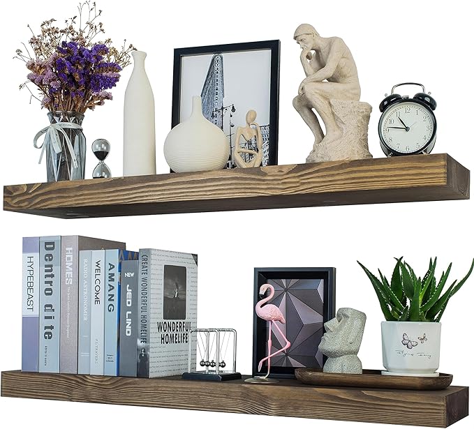 36 Inch Floating Shelves,8-Inch Deep High-End Solid Wood Long Floating Shelves for wall Set of 2, Rustic Walnut Wall Shelves for Bedroom Kitchen &Living Room, with Sturdy Hidden Bracket, Walnut