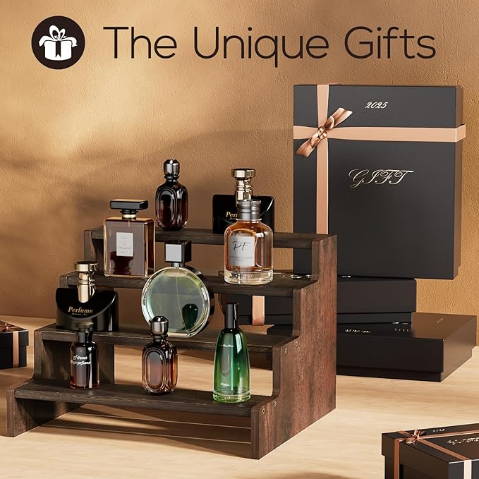 ProCase Wooden Cologne Organizer for Men, 4 Tier Perfume Organizer, Mens Cologne Stand Holder Storage, Display Riser Shelf Rack for Fragrances Candles Cosmetics Cupcake Figure Spice -Brown