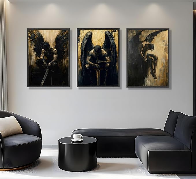 FJKLRP Gothic Dark Angel Wall Art Mural Set 3pcs Black-Winged Male Warrior Canvas Wall Decor Abstract Dark Preppy Style Poster Suitable for Living Room Bedroom and Office Unframed