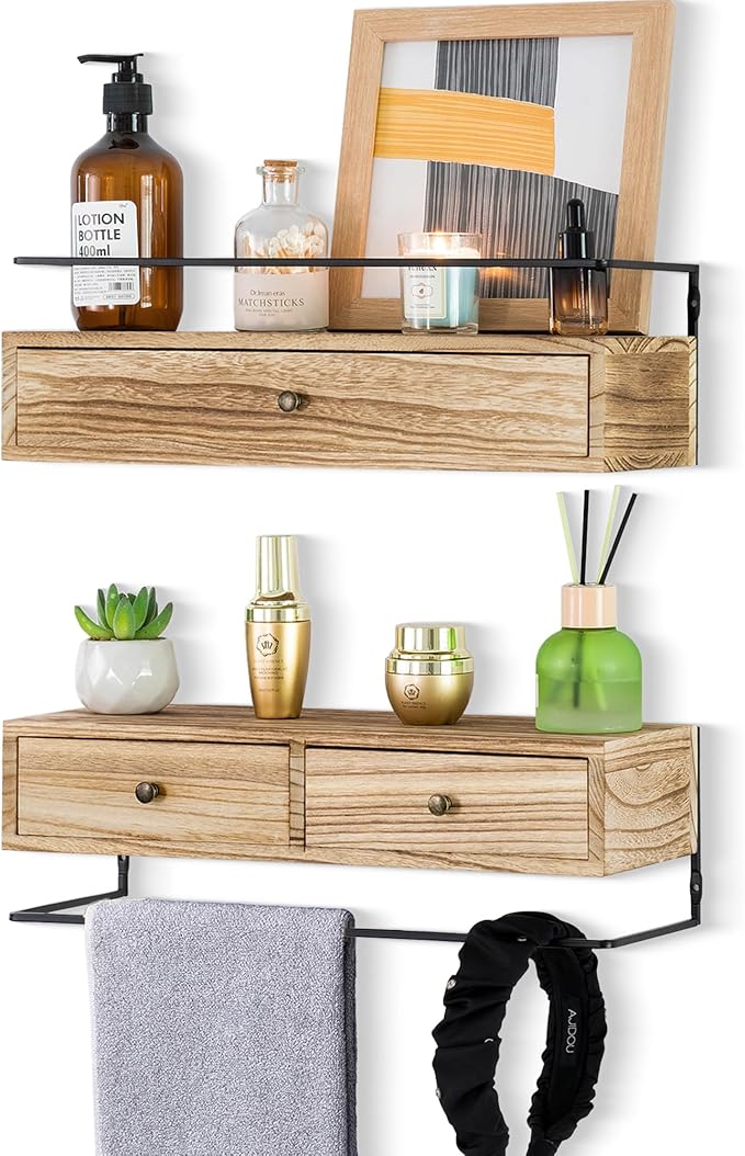 dreampossible 2-Pack Rustic Floating Shelves with Drawer, Wall Mounted Bathroom Shelf, 15.8 Inch Long, Brown Wood & Metal, 30 lbs Capacity