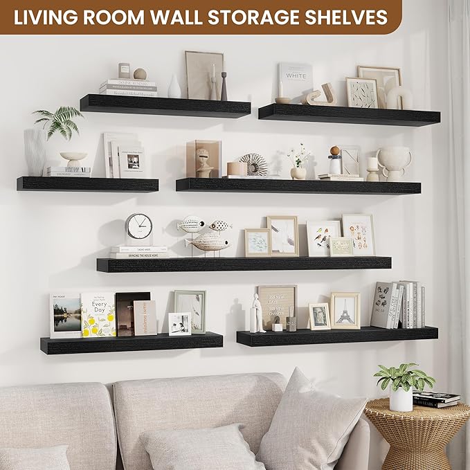 fuqing Floating Shelves for Wall, Wall Mounted Wood Floating Shelf with Invisible Brackets for Living Room, Bathroom, Bedroom, Kitchen Storage and Decor, 20 Inch Set of 2, Black