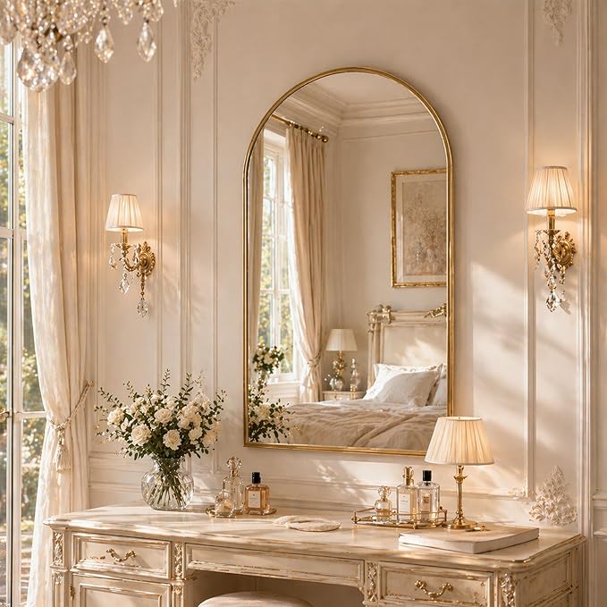20"x30" Arched Gold Bathroom Mirror – Metal Framed with HD Shatter-Proof Glass, Wall-Mounted for Over Sink, Entryway, Living Room, Bedroom