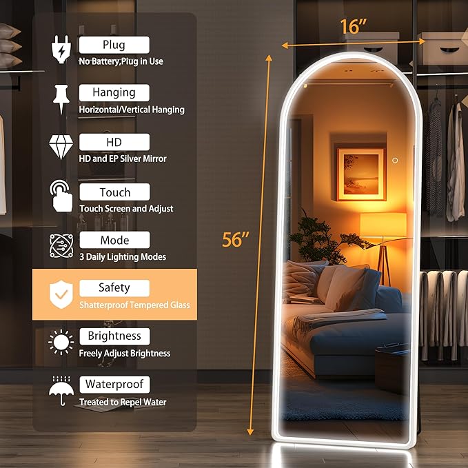 Hasipu Arched Full Length Mirror with Lights, 56" X 16" Lighted Full Body Mirror with Stand, Dimming 3 Colors & Brightness Adjustable, Bedroom Cloakroom Living Room, White Modern Arch Metal Frame