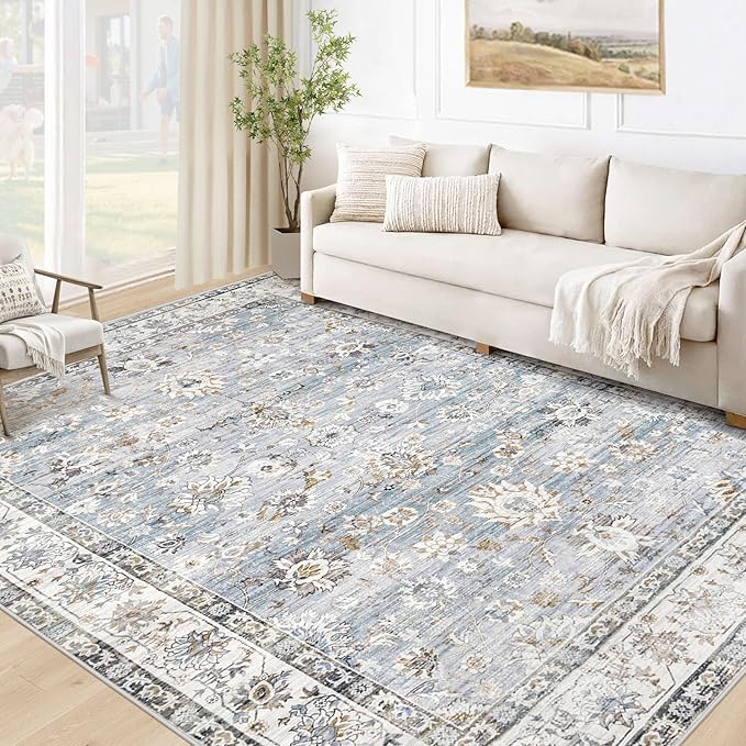 XLUEZ Area Rug 5x7 Living Room Rug, Machine Washable Vintage Distressed Boho Area Rug Non-Slip Soft Low Pile Large Indoor Rugs for Bedroom Kitchen Dining Room Office(Light Blue,5'x7')