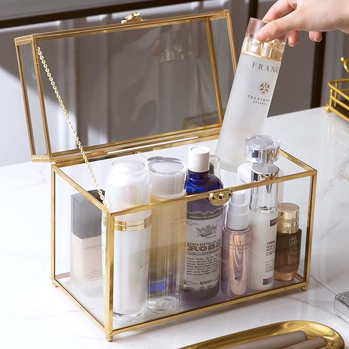 Vellon Gold Clear Glass Wedding Gift Card Box with Buckle Lock, Desktop Cosmetic Storage Organizer with Lib, Keepsake Box/Makeup Container, Golden Jewelry Box