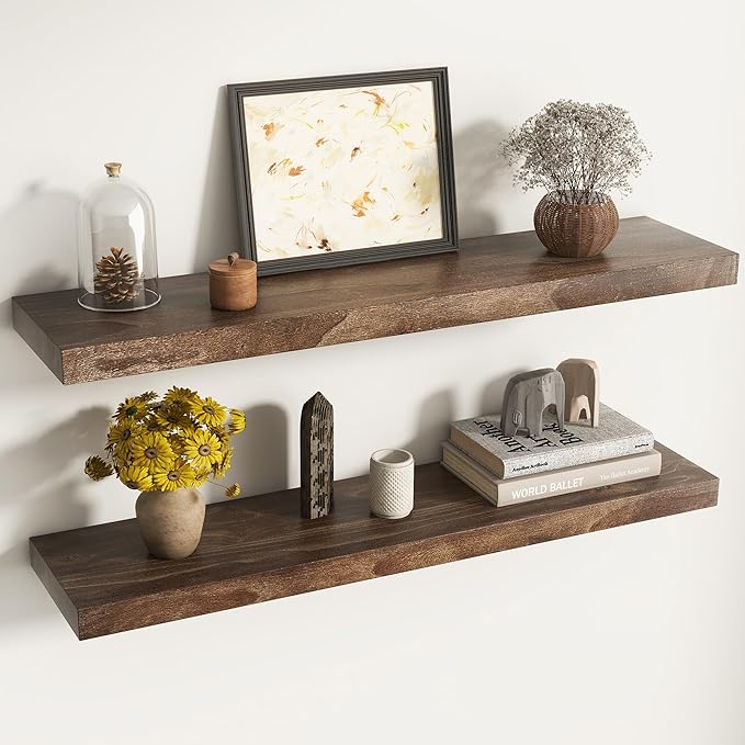 Venusmiles Elm Floating Shelves for Wall Decor, Rustic Solid Wood Shevles Wall Mounted with Invisible Bracket for Living Room Bathroom Bedroom Kitchen, 36 Inch Set of 2, Walnut