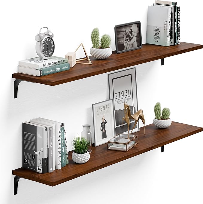 12 Inch Deep Floating Shelves Set of 2, 48 Inch Extra Wide Vintage Walnut Solid Pine Wood Wall Shelves, 4ft Heavy Duty Wall Mounted Bookshelf with 100 lbs Capacity for Kitchen & Living Room