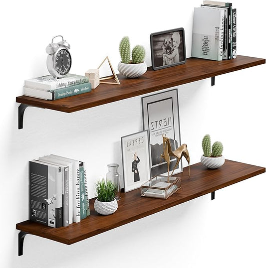 12 Inch Deep Floating Shelves Set of 2, 48 Inch Extra Wide Vintage Walnut Solid Pine Wood Wall Shelves, 4ft Heavy Duty Wall Mounted Bookshelf with 100 lbs Capacity for Kitchen & Living Room