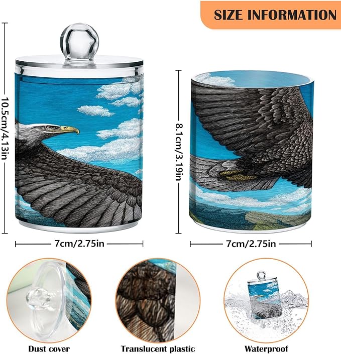 2 Pack Apothecary Jars,Bald Eagle Sky Bathroom Vanity Storage Organizer Set,Small Clear Plastic Storage Jars Bathroom Canister for Cotton Swabs,Rounds,Balls,Qtips,Makeup Sponges