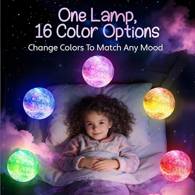 Mind-Glowing Galaxy Moon Lamp with Multi Colors, Touch/Remote, Wood Stand - Birthday Gift for Any Year Old Girls & Boys - Teen Girl Room Decor, Trendy Stuff - Cool Night Light for Kids (7.1 inch)
