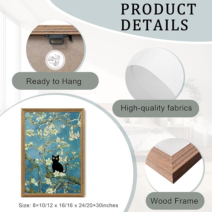 Fantasy Artists Van Gogh's Almond Blossom Funny Black Cat Canvas Wall Art, Oil Painting Posters Home Decor, Vintage Abstract Aesthetic Wall Decorations for Living Room Bedroom, 20'' x 30''