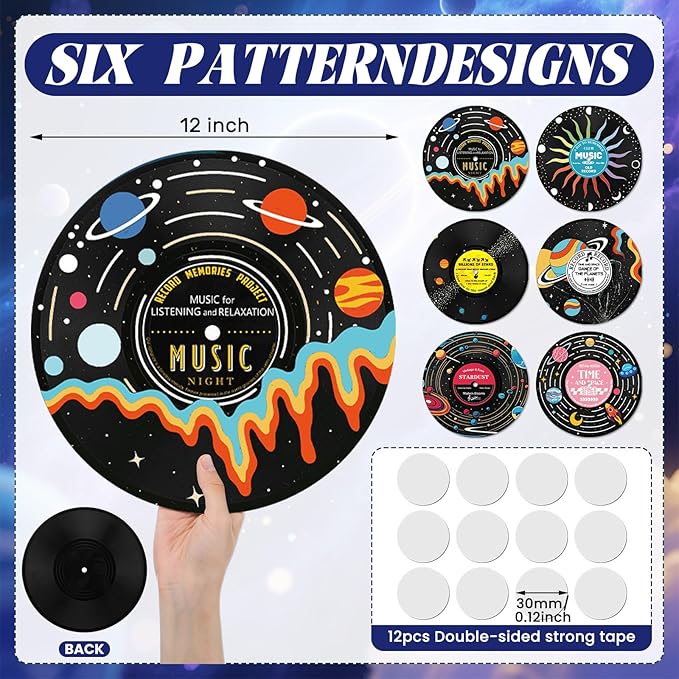Chunful 6 Pake 12 Inch vintage records wall decor Aesthetic Retro Record Wall Decor for Dorm Bedroom Living Room Art Display Rock and Roll Music Hippie Party Records Decorations (Planet)