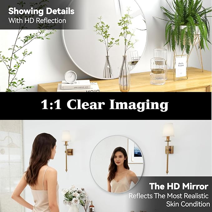 SCWF-GZ 24" Round Mirror Circle Wall Mounted Hanging or Against Wall Aluminum Alloy Metal Frame Dressing Make-up Mirrors for Entryway Bedroom Bathroom Living Room 24 inch Silver