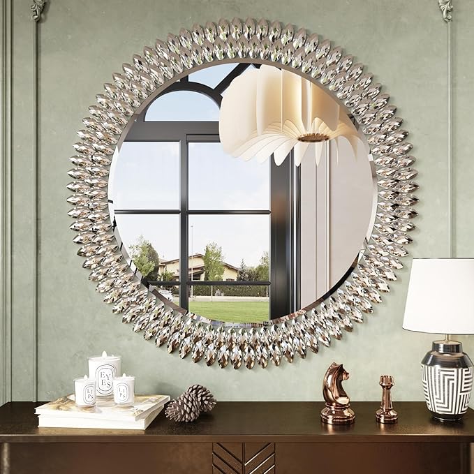 Kelly Miller 36" Large Round Jeweled Wall Mirror, Luxury Diamond Beveled Decorative Mirror for Bedroom Living Room Bathroom Hallway Entryway Fireplace