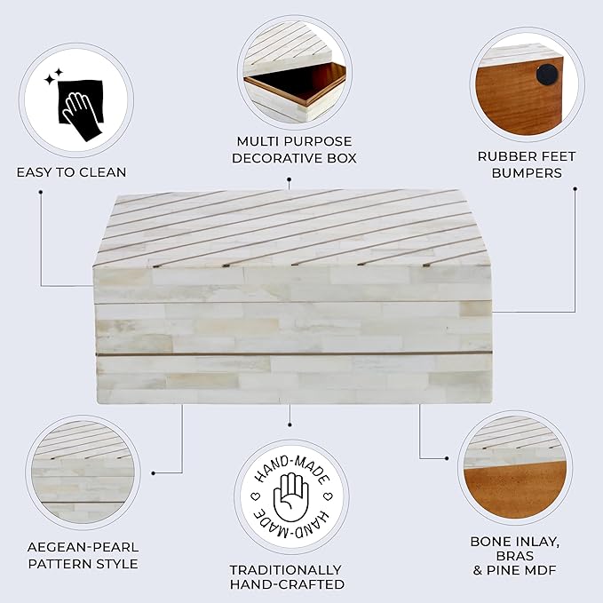 Handicrafts Home Large Decorative Storage Box with Lid – 9x6x3.5” Coffee Table Organizer, Keepsake- Decorative Boxes for Home Decor, Stylish Decorative Box for Office Decor- Aegean Pearl
