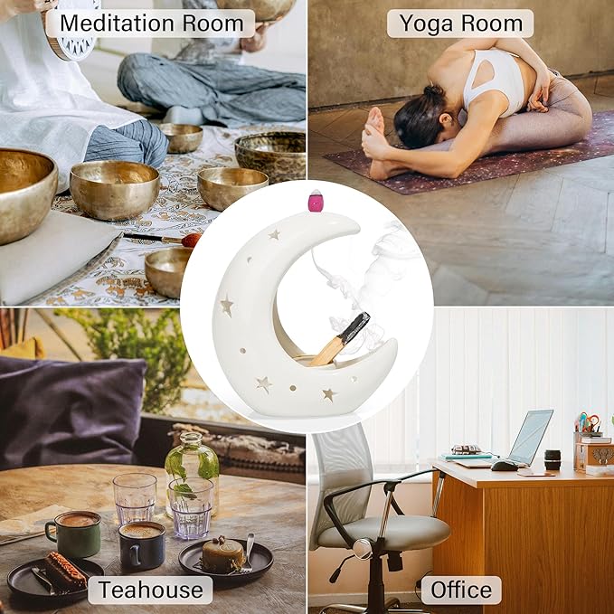 ZenBless Moon Versatile Ceramic Backflow Incense Holder and Burner Waterfall,for Burning Sage, Palo Santo, Backflow Cone and Candle,Aromatherapy Ornament Home Room Decor,the Ideal Present (White)