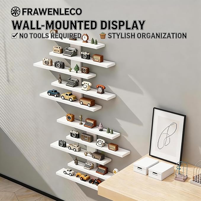 No Drill Floating Shelf for Wall, 5-Tier Wall Mounted Organizer, Damage-Free Display Shelf for Collectibles, Figures, Bathroom Kitchen Storage, White
