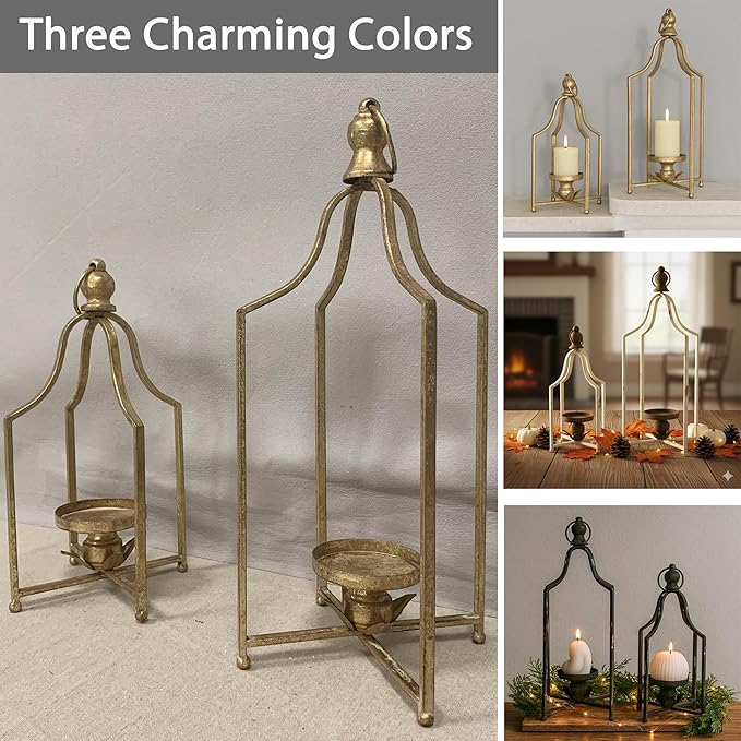 12.5" & 16.5" Timeless Cozy Decorative Lanterns Set of 2, Handcrafted Metal Iron Candle Holders, Farmhouse Elegance Fireplace Mantel Table Festive Gatherings Decor (Antique Gold)
