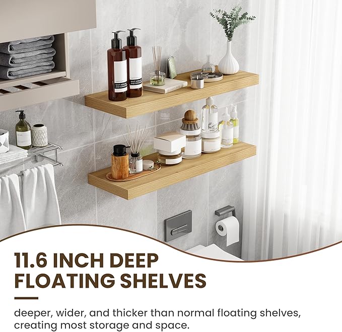 Acovy 36 Inch Floating Shelves, 12 Inch Deep Floating Shelves for Wall, Floating Shelf with Invisible Brackets, Deep Shelves for Bathroom, Bedroom, Living Room, 2 Pack, Natural