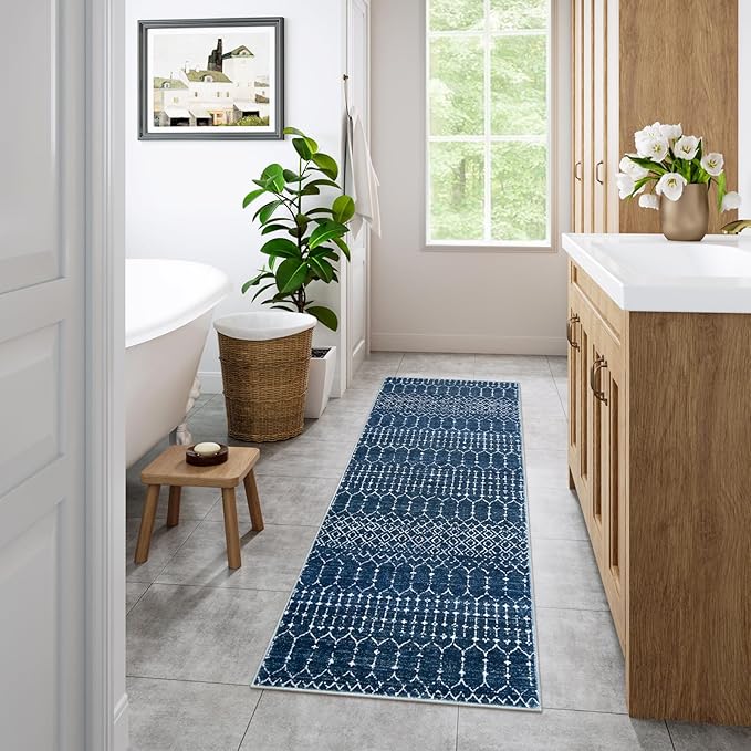 Lahome Moroccan Runner Rugs for Hallway 2x4 Bathroom Rugs Non-Slip Small Throw Kitchen Carpet Low-Pile Mat for Entryway Laundry Room Mat Geometric Indoor Carpert for Entrance Bath Hana, Blue
