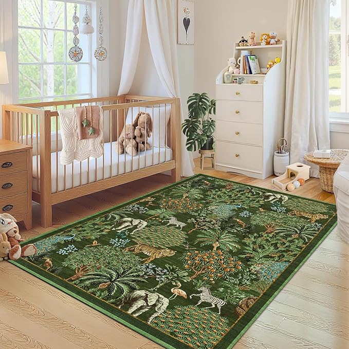 GarveeHome Jungle Animal Print Rug 3x5 Washable Area Rugs for Living Room, Forest Rug Non Slip Soft Low Pile Stain Resistance Throw Carpet for Bedroom Kids Playroom Nursery, Dark Green