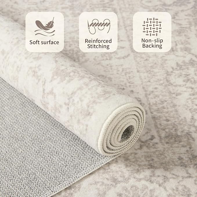 Rugxara Washable Area Rug for Living Room, Vintage Neutral Boho Rugs for Office, Dining Room, Kids Room, Farmhouse, Durable Low Pile Non Slip Carpet for High Traffic Areas, Light Bown(4x6ft)
