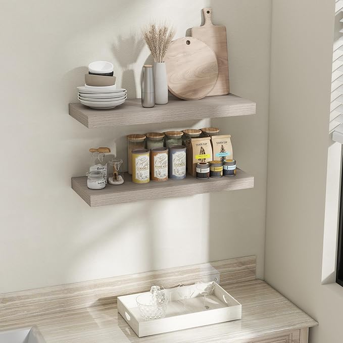 Fun Memories 32 Inch Grey Floating Shelves for Wall, 12 Inch Deep Shelves for Bathroom|Kitchen|Bedroom, Wall Mounted Rustic Wood Floating Shelf with Invisible Brackets for Books|Storage|Decor, 2 Pack