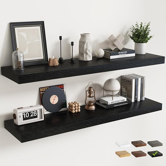 55 Inch Floating Shelves for Wall with Invisible Brackets Set of 2, 12"D Engineered Wood Wall Shelves with Wood Grain for Living Room, Bedroom, Bathroom, Kitchen Decor and Storage, Black Finish