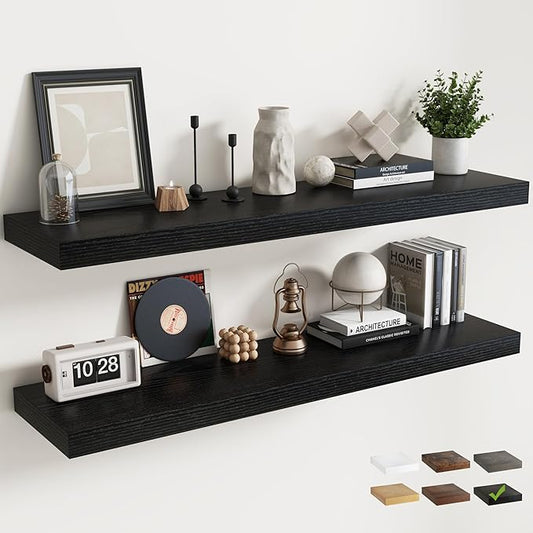 55 Inch Floating Shelves for Wall with Invisible Brackets Set of 2, 12"D Engineered Wood Wall Shelves with Wood Grain for Living Room, Bedroom, Bathroom, Kitchen Decor and Storage, Black Finish