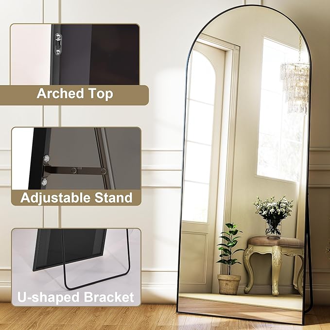 Arched Full Length Mirror 57"x19" Floor Standing Body Mirror with Aluminum Frame,Leaning Hanging for Bedroom Cloakroom Living Room Black