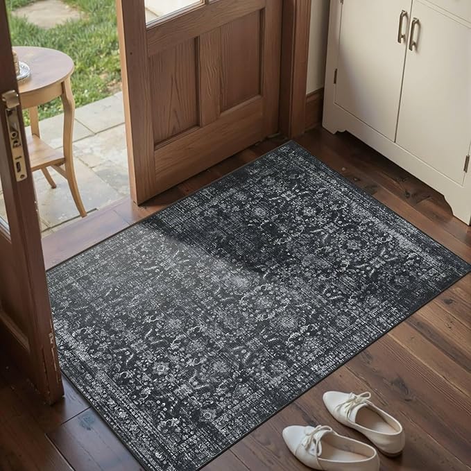 Rugxara Entryway Rug Door Mat, Washable Samll 2x3 Rug, Black Boho Front Door Mat, Non Slip Area Rugs, Low Pile Throw Accent Entry Carpet for Indoor Entrance, Bathroom and Kitchen(Black 2x3ft)