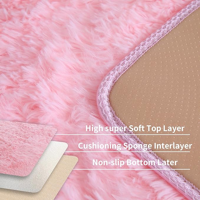 KCHOWUA Pink Fluffy Area Rug for Girls' Bedroom, 5'x8' Machine Washable Plush Pastel Shag Rug, Large Soft Furry Carpet for Living Room, Nursery, Kids' Room, or Dorm Décor