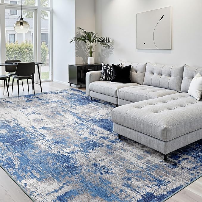 RELEANY Washable Area Rugs 6'x9' Non-Slip Modern Abstract Soft for Living Room Entryway Bedroom Nursery, Print Pattern, Blue Grey Navy Gray