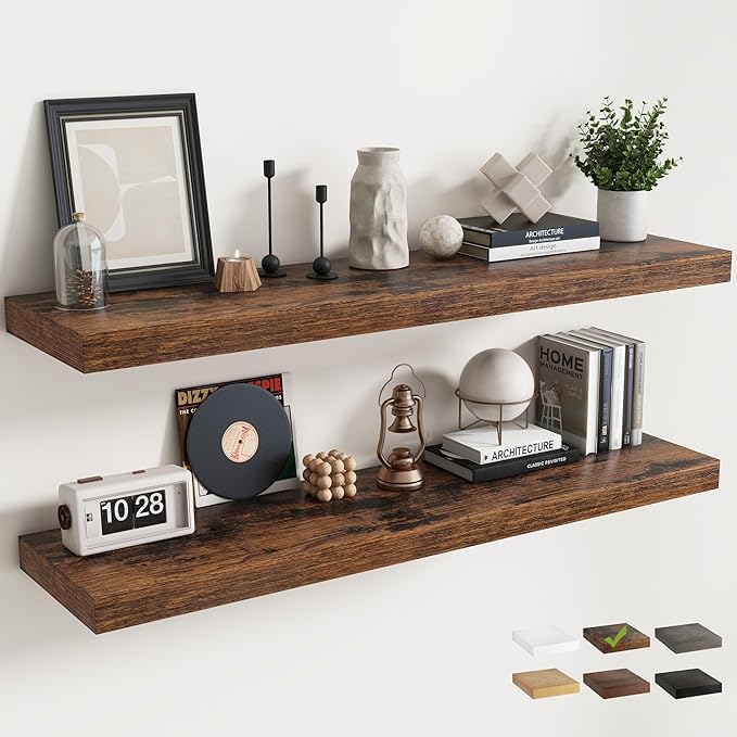 55 Inch Floating Shelves for Wall with Invisible Brackets Set of 2, 12"D Engineered Wood Wall Shelves with Wood Grain for Living Room, Bedroom, Bathroom, Kitchen Decor and Storage, Rustic Brown