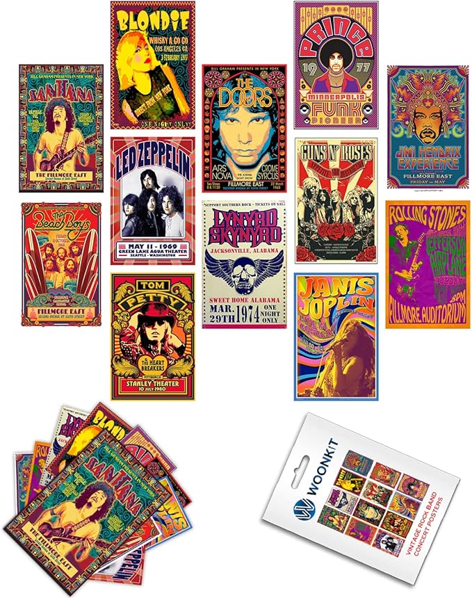 Woonkit Vintage Rock Band Posters for Room Aesthetic, 70s 80s 90s Retro Music Bedroom Decor Wall Art, Concert Poster Wall Collage, Old Music Album Cover Prints (12 SET A, 7.8X11.8 INCH)