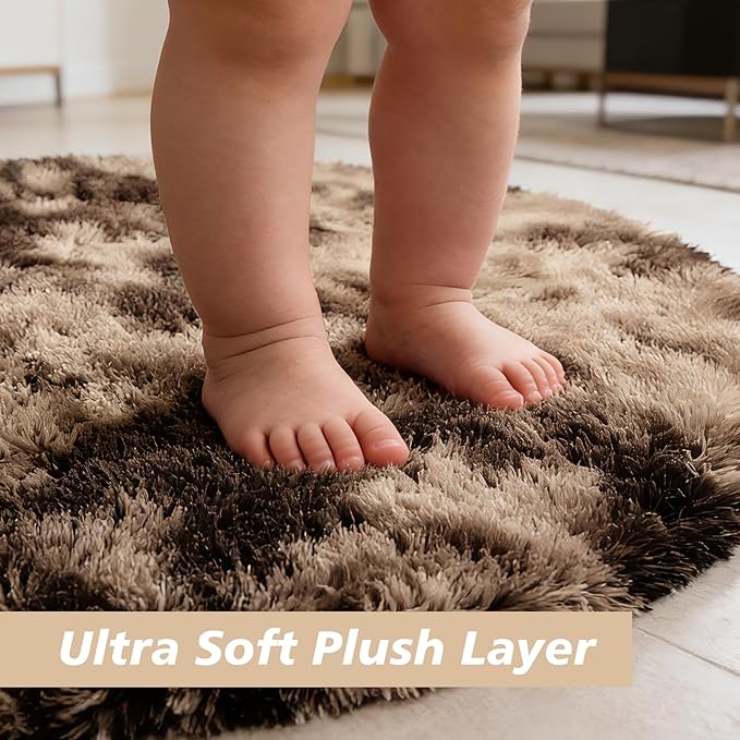 Fluffy Round Rug,Soft Area Rugs for Girls Room,Shaggy Rugs 5'X5' for Living Room,Non Slip Circle Rug for Kids Bedroom,Shag Plush Nursery Carpets,Fuzzy Rug for Dorm,Room Decor Carpet,Tie-Dyed Coffee