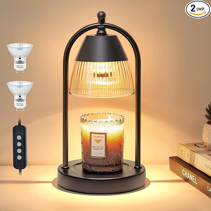 GyroVu Candle Warmer Lamp with Timer, 3-Level Dimmable Candle Lamps with Glass Shade, Electric Candle Light Wax Melt Warmer for Scented Wax, Black Warmer Lamp for Women Home Decor (2 Bulbs Included)