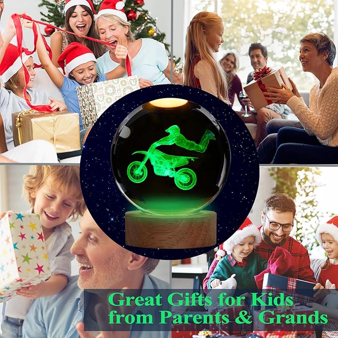 Dirt Bike Night Light, Dirt Bike Gifts, 3D Crystal Ball Dirt Bike Lamp with Remote Upgraded 3.15 Inch with 16 Color for Birthday Xmas Cool Figurines Motor Bike Gifts for Room Decor Boys Girls