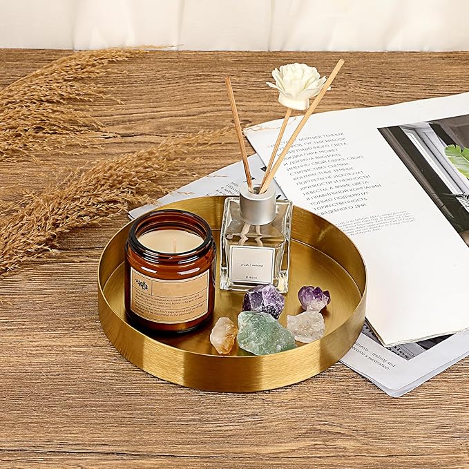 Hipiwe Round Key Bowl for Entryway 7.1" Gold Decorative Tray Jewelry Ring Dish Stainless Steel Candle Holder Plate Perfume Tray Metal Vanity Trays for Bathroom Dresser Home Decor